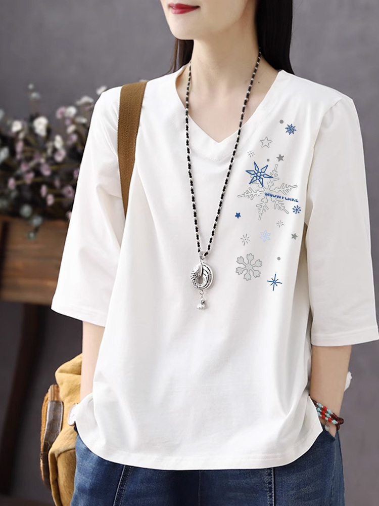 Resin Vat - ピュアコットン V ネック 3/4 スリーブ Tシャツ女性の韓国スタイル多用途スリミングプリントホワイトチキンハートネックトッププラスサイズ